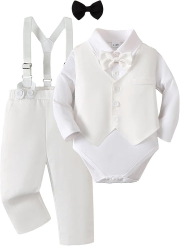 Baby Boy Clothes Suit Tuxedo Baptism Outfit Christening Top+Suspenders Pants+Vest+Bow Tie 5PCS