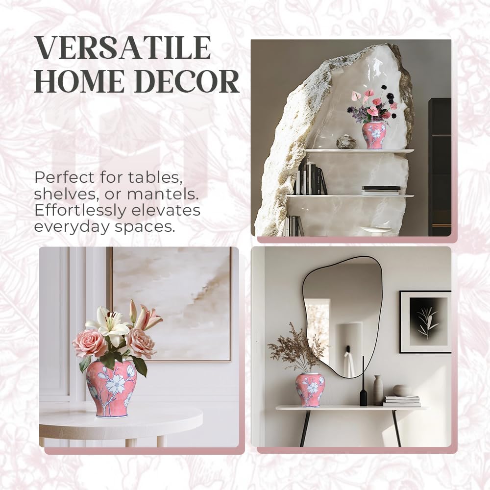 Pink Floral Ceramic Ginger Jar with Poetry Design, Hand-Painted White Blossoms on Pink Background, Decorative Vase