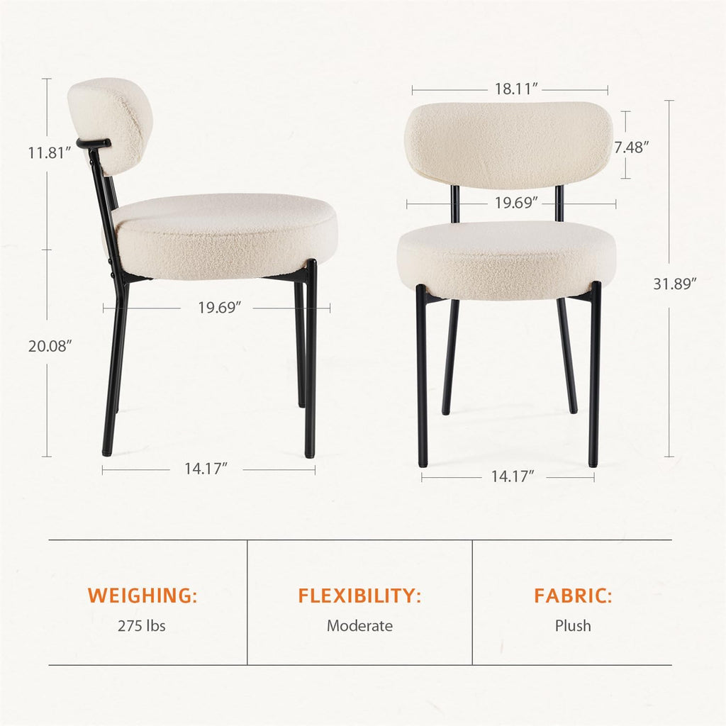 Dining Chairs Set of 2, Mid Century Modern Boucle Upholstered Kitchen Chair with Curved Backrest & Metal Legs for