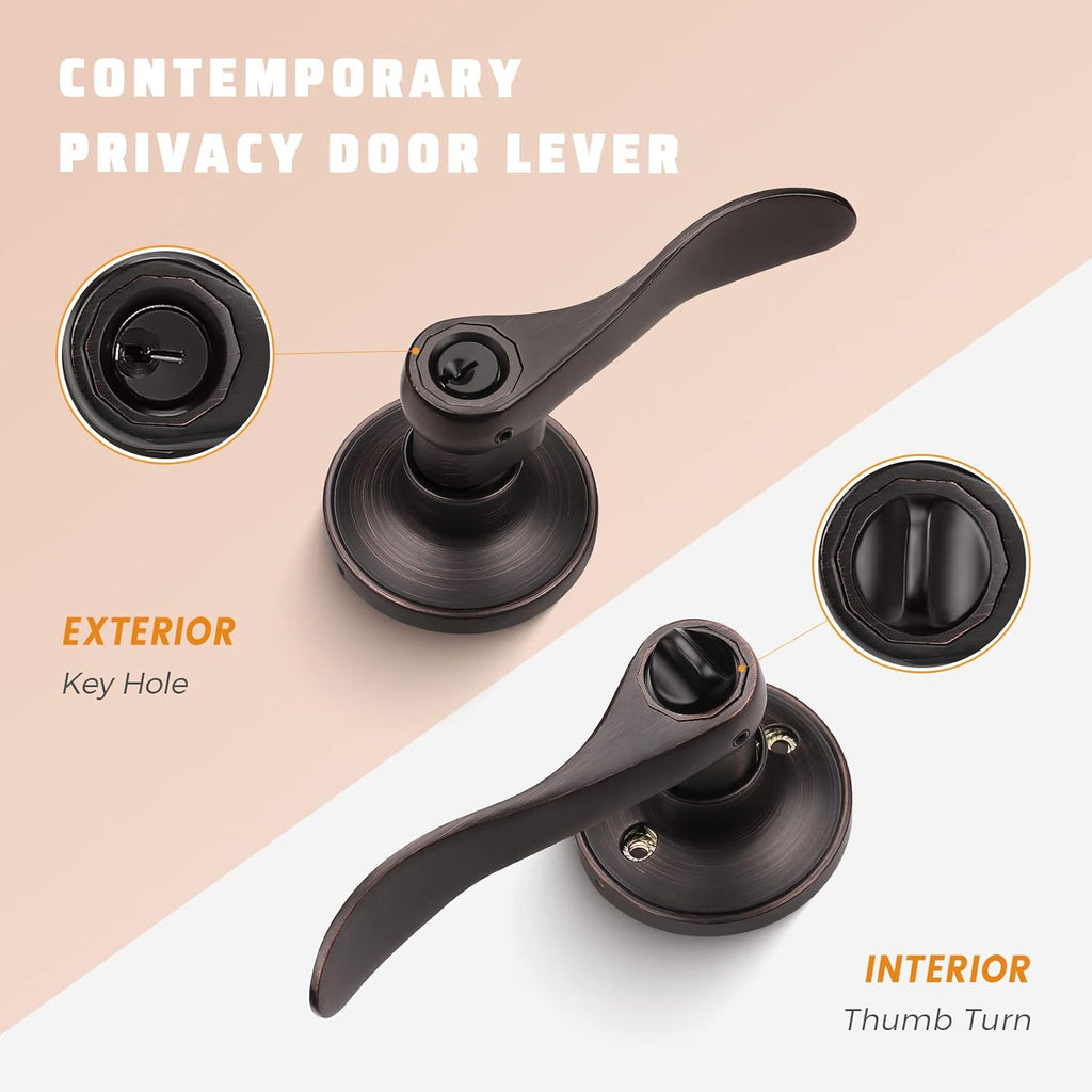 2 Pack Bronze Door Knobs, Exterior Door Handle Levers for Gate/Front Doors, Rubbed Brush Entry Door Handle with Lock