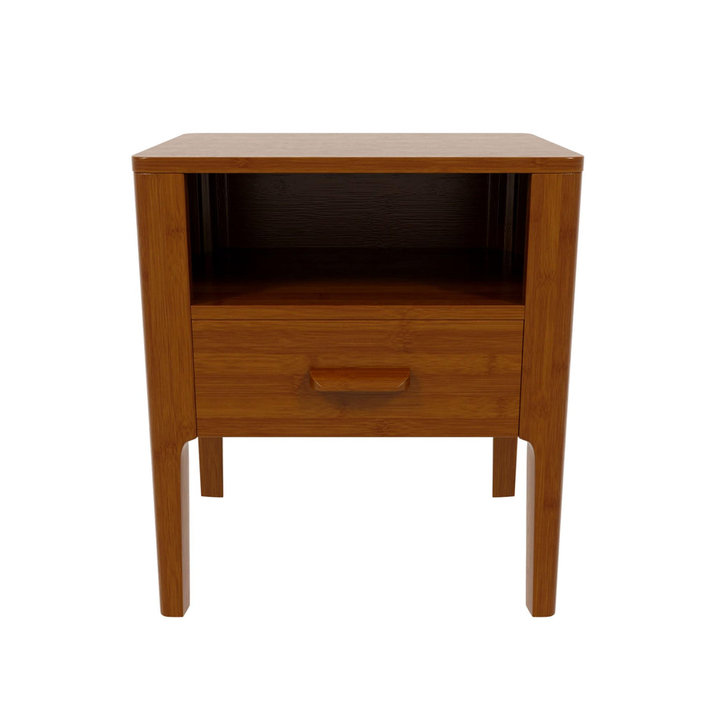 Mid-Century Modern Nightstand with Drawer and Open Shelf, Bamboo Wood Bedside Table, Brown