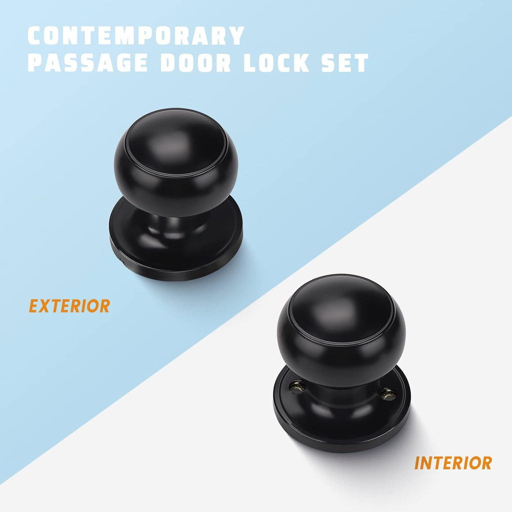 6 Pack Matte Black Door Knob - Round Interior Door Handles , Non-Locking Passage Door Knobs with Durable Lockset