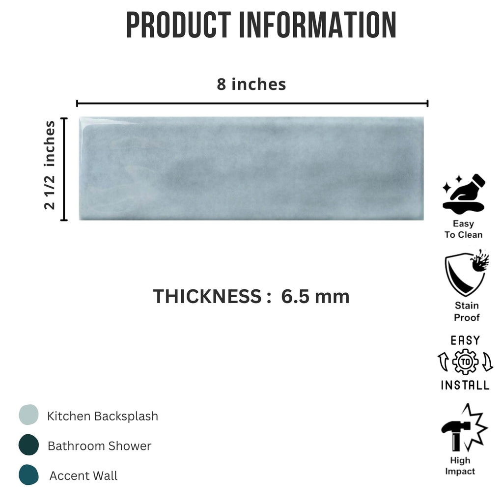 Handmade Zellige Look 2.5" x 8" Blue Porcelain Tile - High Gloss Pressed Edge Subway Tile for Wall & Floor, Bathroom