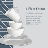 Delray 40-Piece Bone China Dinnerware Set, White Round Dishes for 8