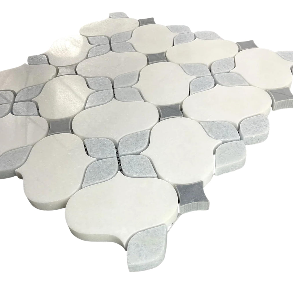 White Marble Arabesque Mosaic Tile with Blue Decorative Inlay 12x12 - Polished Natural Stone Wall & Floor Tile