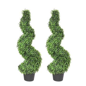 35 Inch Artificial Boxwood Spiral Topiary Trees, Set of 2 Light Green Faux Cone Plants in Plastic Pot, Indoor Outdoor