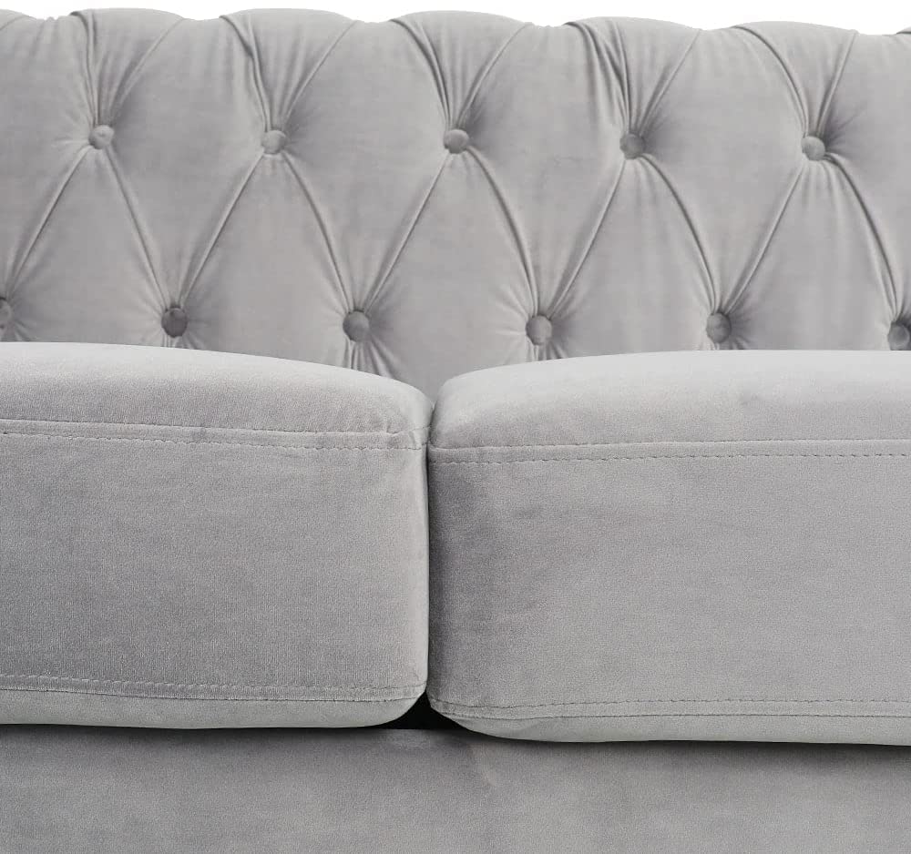 Chesterfield Sofa, Modern Tufted Velvet Couch 3 Seater with Scroll Arms and Nailhead (Grey)