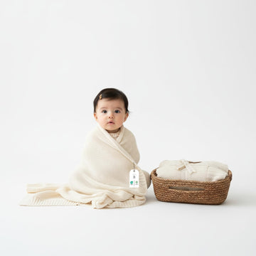 Organic Baby Blanket Gift Set with Basket, Earth Ivory, 30x40