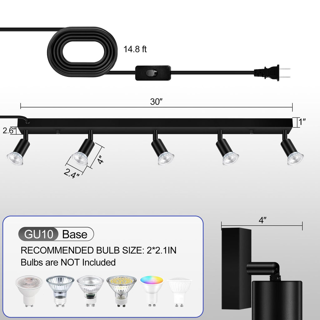 Plug in Track Light, Black, 30", 5 Way GU10 Track Ceiling Lighting