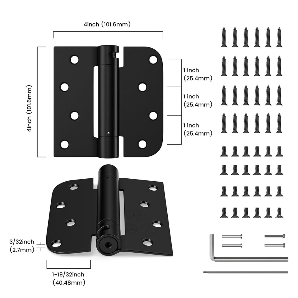 3 Pack 4" Spring Door Hinges Black Square 5/8" Radius Corners