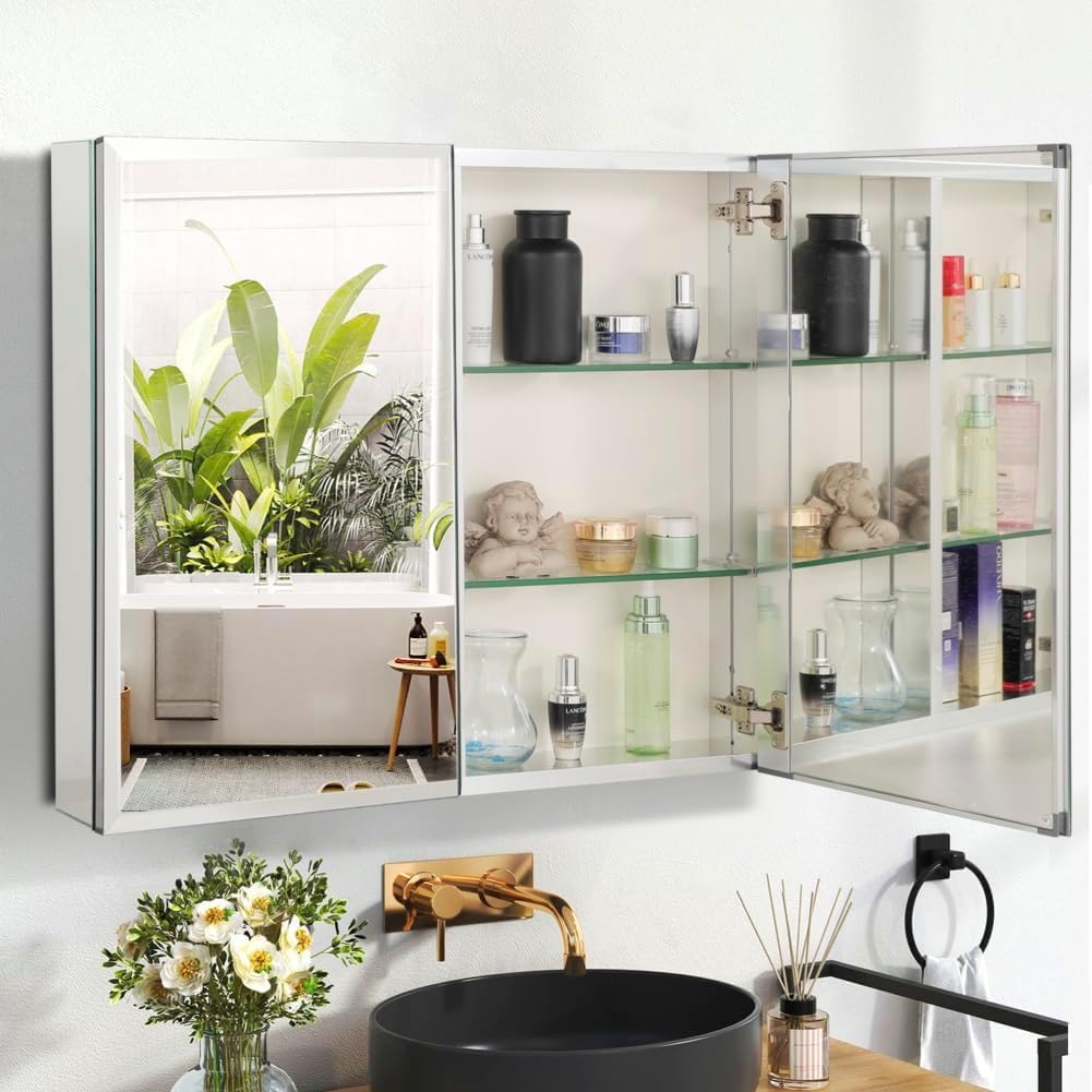 Double Doors Medicine Cabinet with Mirror, 30 inch X 26 inch Aluminum Bathroom Medicine Cabinet, Adjustable Glass