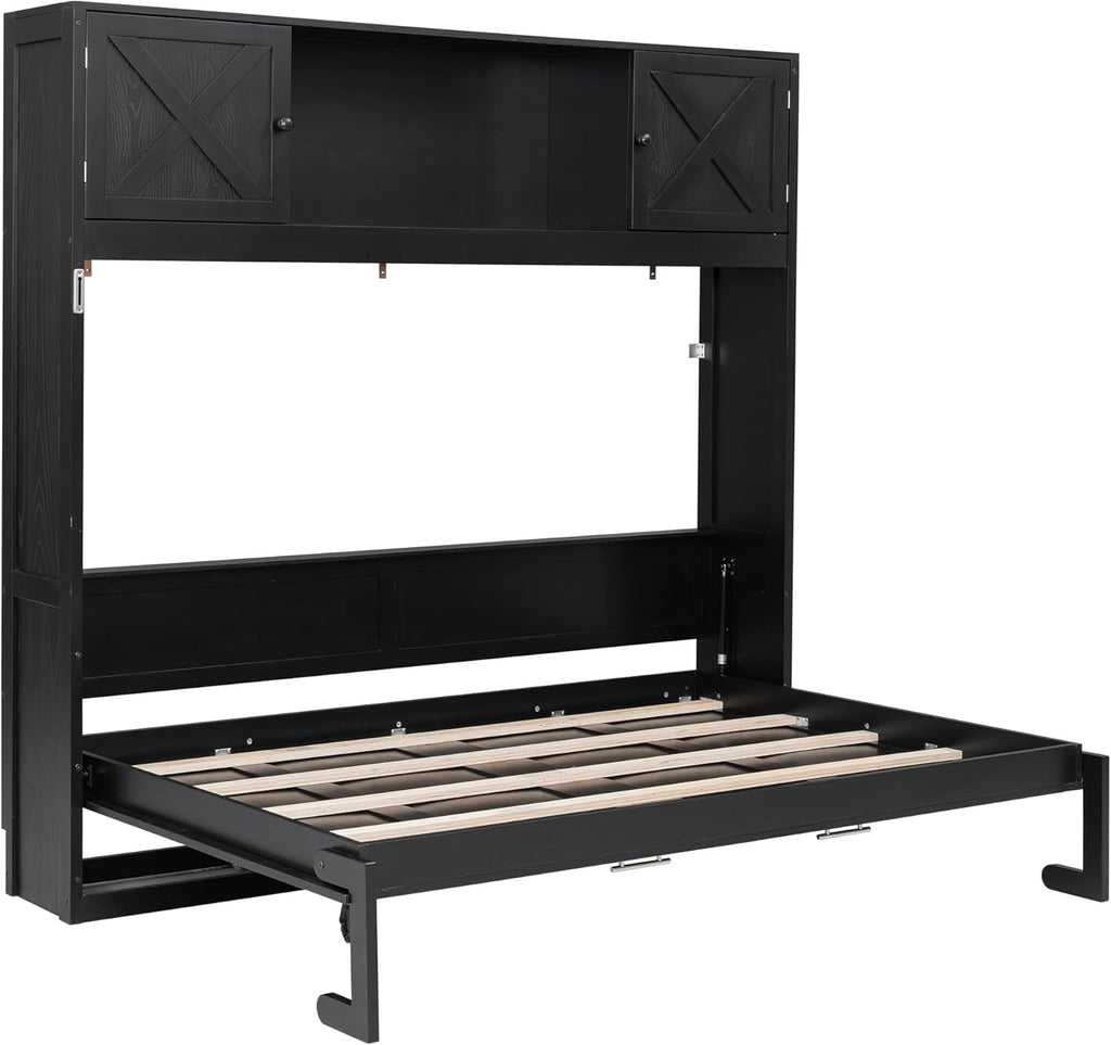 Queen Murphy Bed with Storage Cabinets, Wood Murphy Bedframe with Bookcase Shelves, Folding Wall Bed Cabinet for