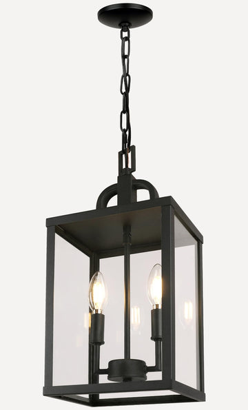 Large Outdoor Indoor Pendant Light 2-Light, Modern Black Metal Outside Chandelier Exterior Hanging Fixture Ceiling