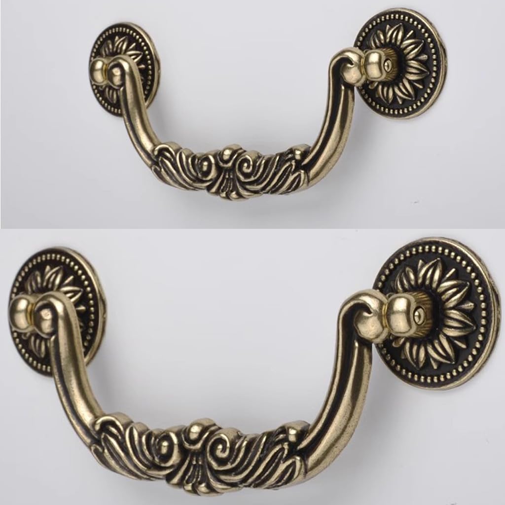 6PCS Antique Bronze Drop Bail Pulls,Vintage Carved Cabinet Pulls Handles,5.0" Hole Centers Retro Drawer Knobs,Texture