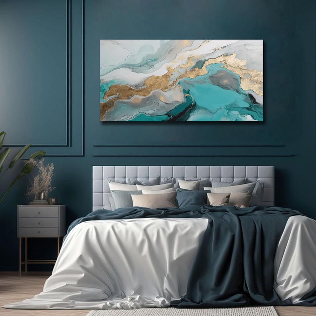 Large Abstract Teal Gold Canvas Wall Art Prints