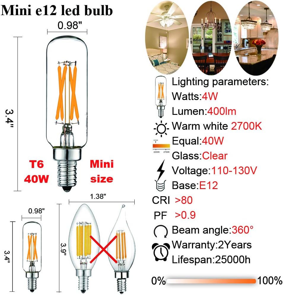 T6 E12 Candelabra Bulb 40 watt,Dimmable,Warm White 2700K,Clear