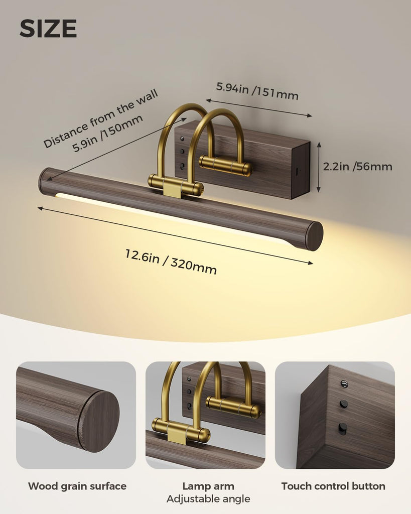 Picture Light, 12.6′′ Wireless Battery Operated Rechargeable LED Wall Light with Remote, Dimmable Art Light