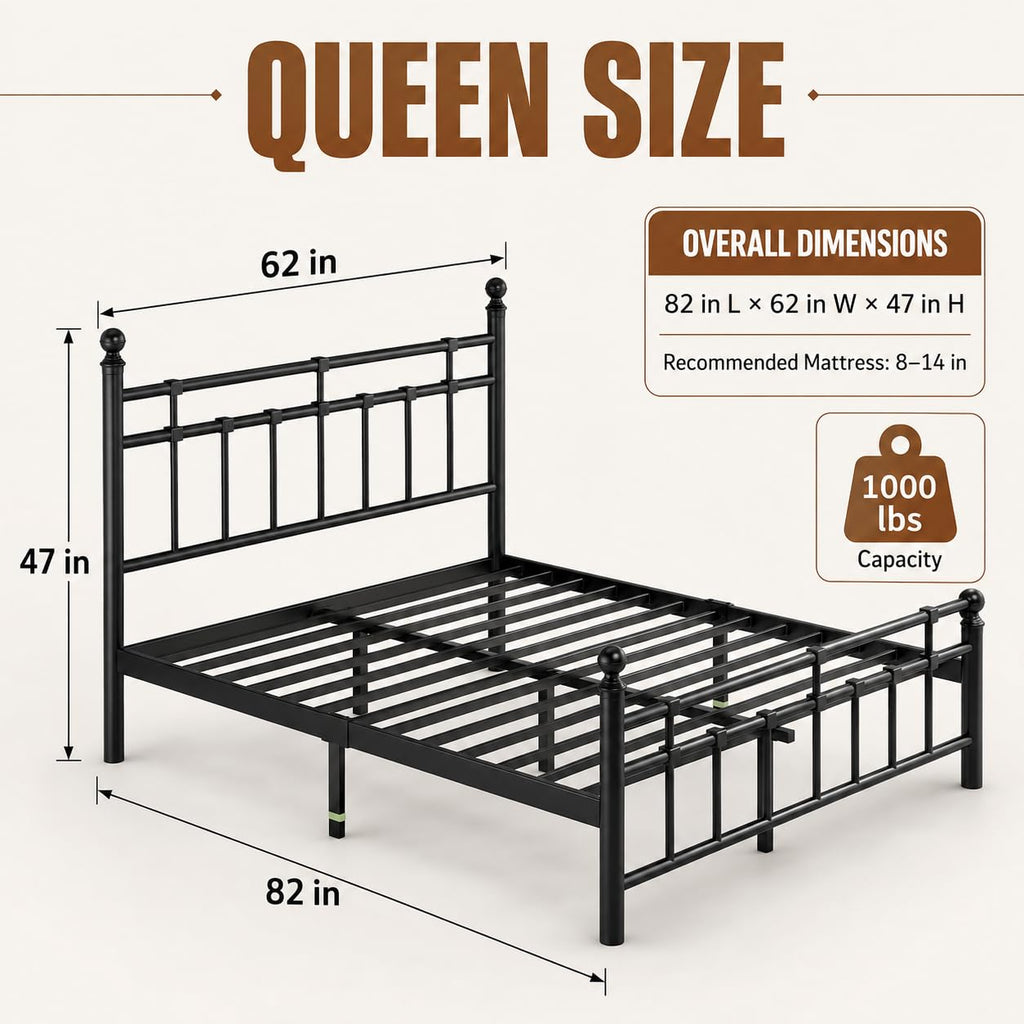 Metal Bed Frame with Vintage Headboard and Footboard, Farmhouse Bed Frame, Under Bed Storage, No Box