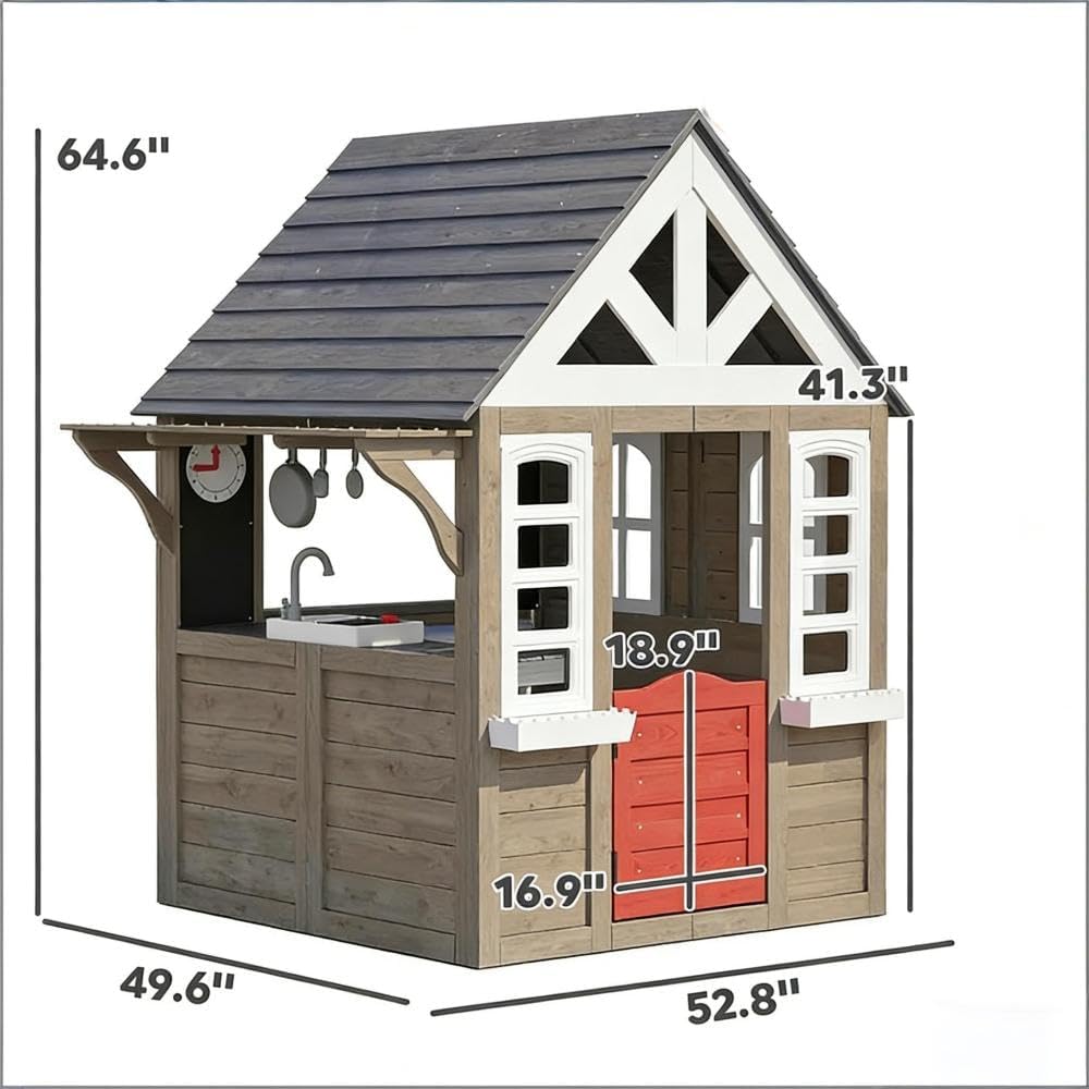 Wooden Playhouse for Kids: Ideal for Garden Adventures | Polypropylene and wood construction, gray finish, stove set