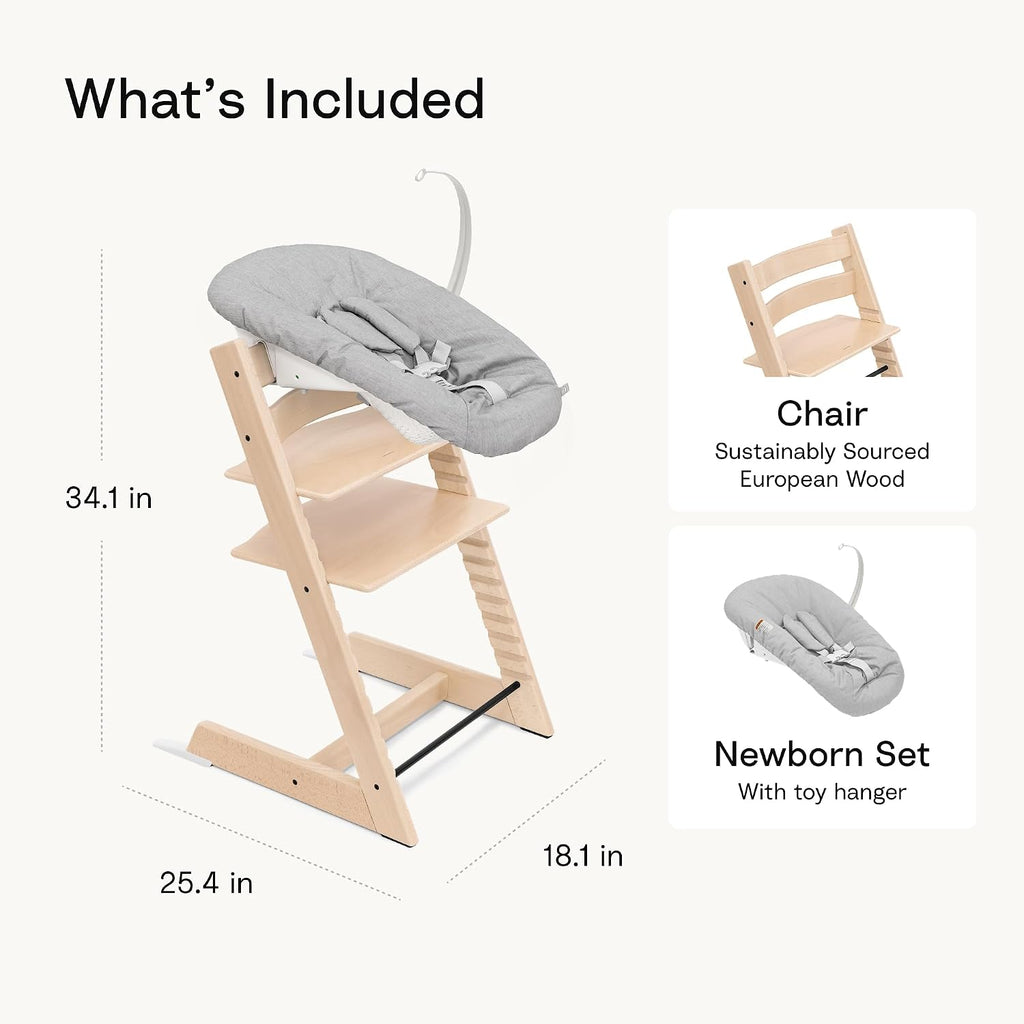 Tripp Trapp High Chair with Newborn Set Bundle, Natural | Includes High Chair, Newborn Set, for Newborns Up to 20