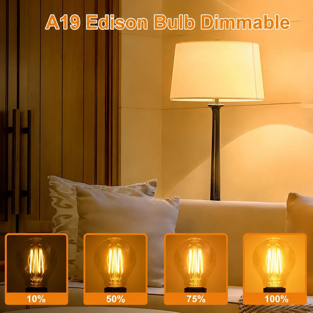 A19 Dimmable LED Edison Bulbs, 6W (60W Eq), E26, 2200K Amber, 2Pack