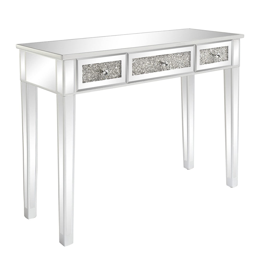 Silver Mirrored Vanity Desk, Makeup Vanity Desk, Glass Desk with 3 Drawers, Glass Vanity for Women Girls Bedroom