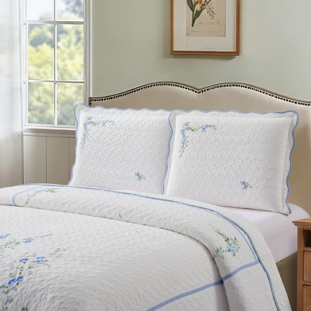 100% Cotton Quilt Set - 3-Piece Lightweight Bedspread Coverlet with Embroidery, All-Season Bohemian Bedding
