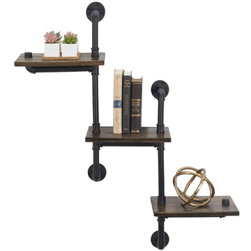 3-Tier Wooden Wall Ladder Floating Rustic Shelf 35"x40" With Iron Black Pipe Hardware