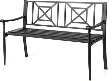 Metal Outdoor Bench with Backrest, Curved Armrests, Non-Slip Foot Pads, Slatted Seat for 2-3 Persons, Load 660lbs