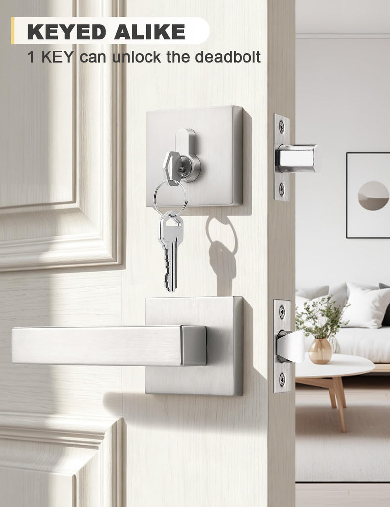 3 Pack Brushed Nickel Passage Door Lever with Single Cylinder Deadbolt, Exterior Square Door Handle with Deadbolt
