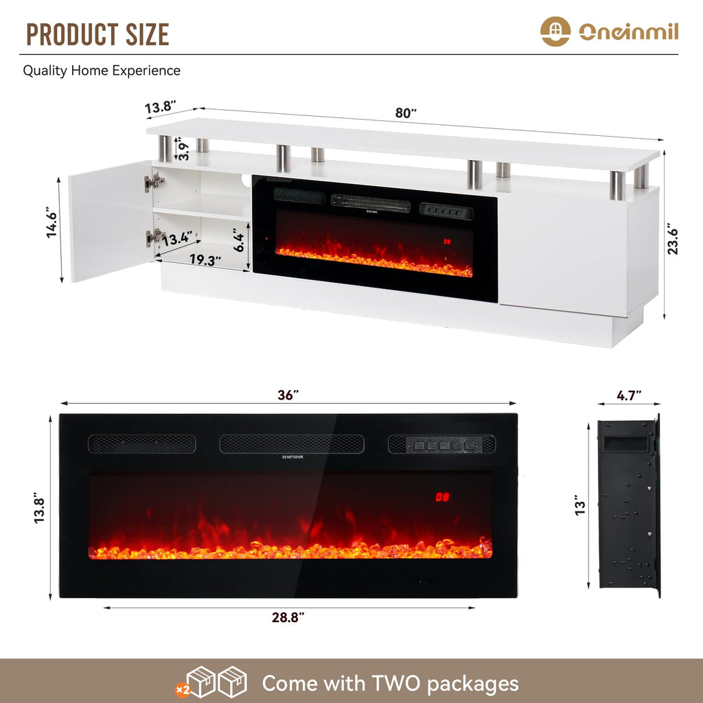 Fireplace TV Stand with 36" Electric Fireplace, 80" 2 Tier TV Console Stand for TVs Up to 90"", LED Light