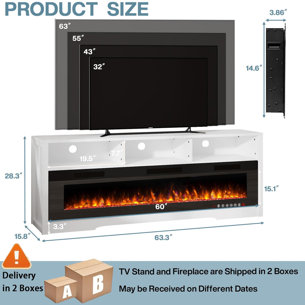 65"FireplaceTVStandwithGlassElectricFireplacefor75inchTVs
