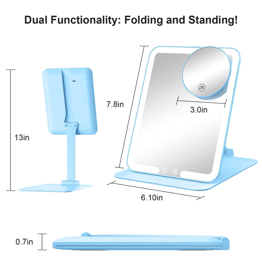 Travel Makeup Mirror with 3 Lights and Magnification 10X, Blue