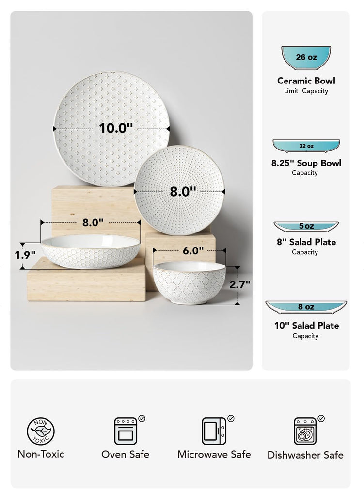 Plates and Bowls Sets for 4, 16 Piece Ceramic Dinnerware Sets with Pasta Bowls, Stoneware Kitchen Dishes Set, Chip