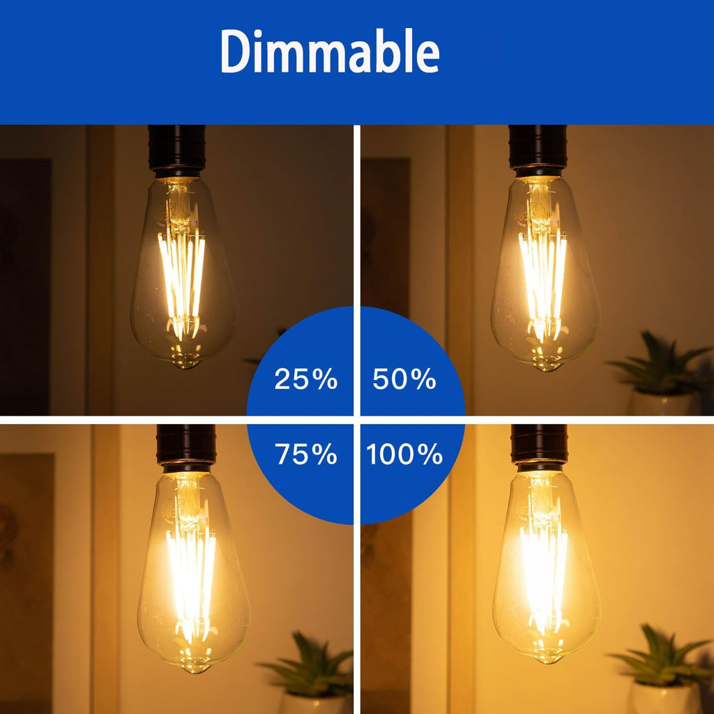 ST58 Vintage LED Edison Bulbs, 12W 6-Pack - 100W Equivalent, 1500LM Warm White 2700K, Dimmable E26 Base, 90+ CRI