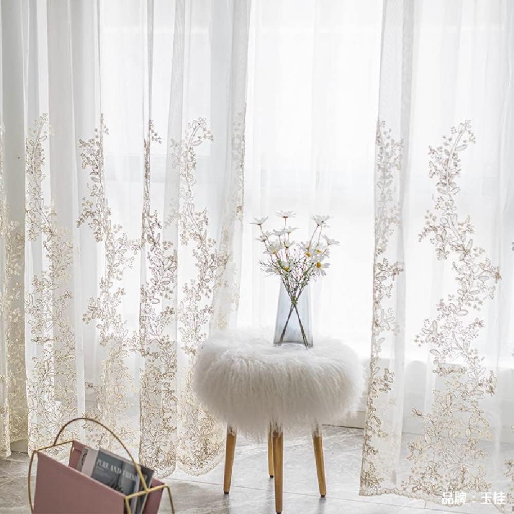1 Pair Luxury Embroidered Tulle Curtains for Living Room Wedding 3D Gold Flower Sheer Curtains (White,63x96 Inch)