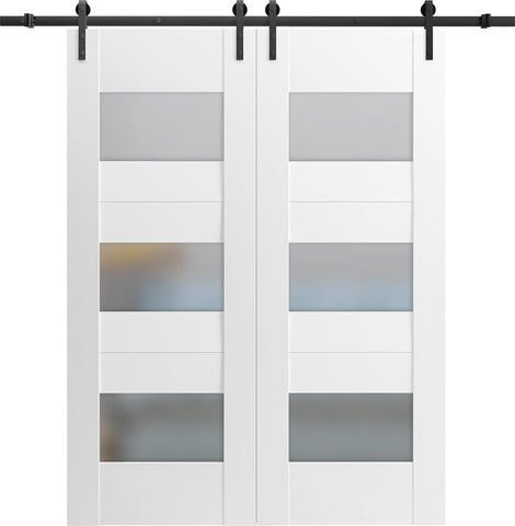 Modern Double Barn Door 60x96 inches with Opaque Glass/Sete 6003 White Silk / 13FT Rail Track Set/So