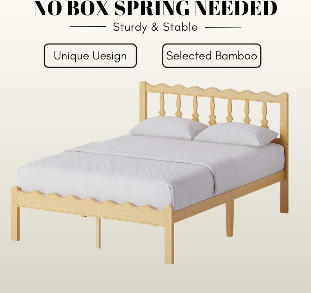 Bamboo Queen Bed Frame with Headboard, 14 inch Solid Wood Platform Bed Frames Queen with Metal Slats, No Box Spring