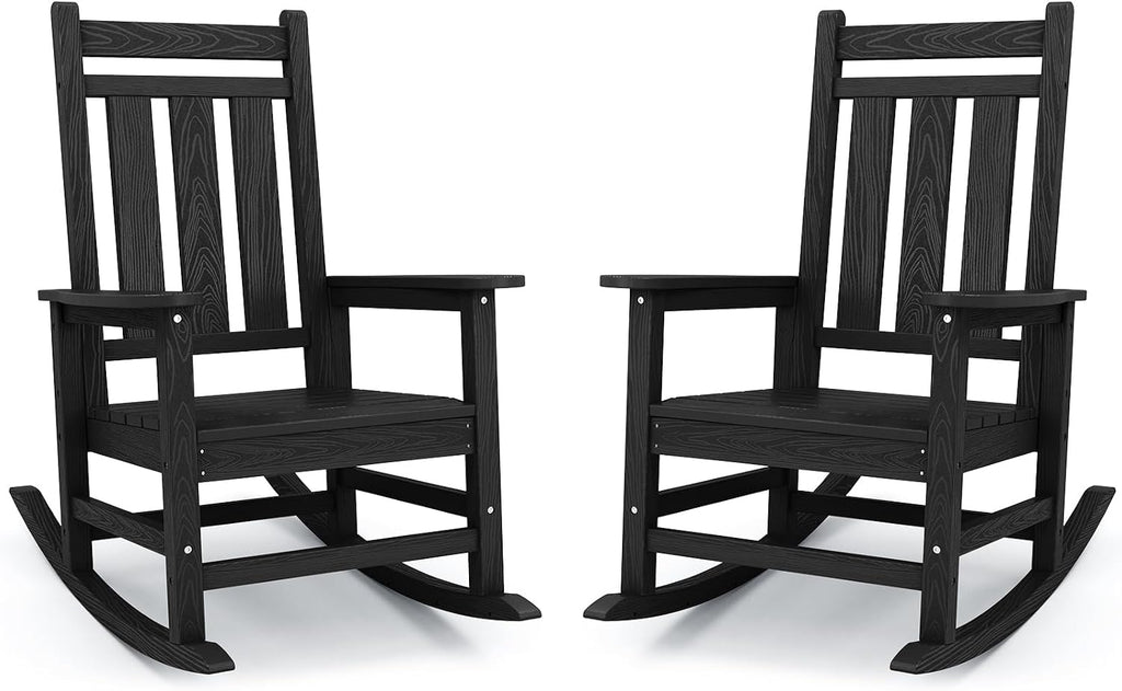 Oversized Outdoor Rocking Chair Set of 2, HDPE Patio Rockers, Black | | All-Weather Patio Rocking Chairs for Porch |