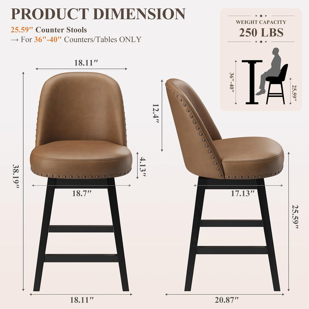 Swivel Bar Stools Set of 2, PU Leather Mid Century Mondern Barstools, 26 inch Counter Height Bar Chairs with Solid