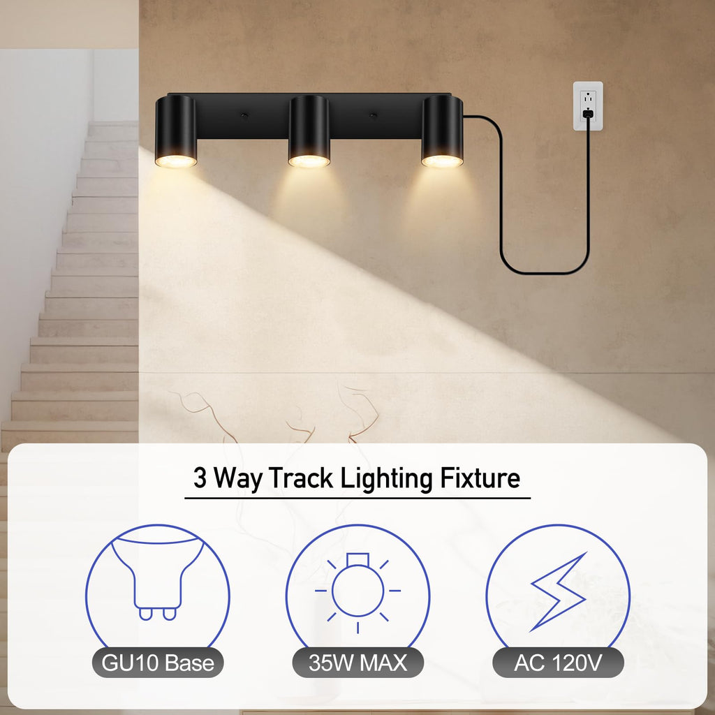 LED Track Lighting Ceiling Fixtures, Black 3-Light Plug in Track Lights, 3 Way Ceiling Spotlight, 15 FT