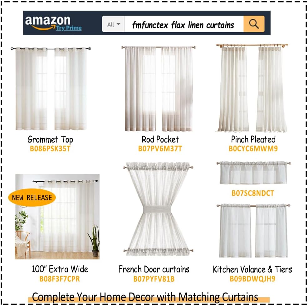 Linen Sheer Pinch Pleated Curtains, Linen Flax Beige 108 Inches Long Sheer Curtain See Through Panels, Natural Window