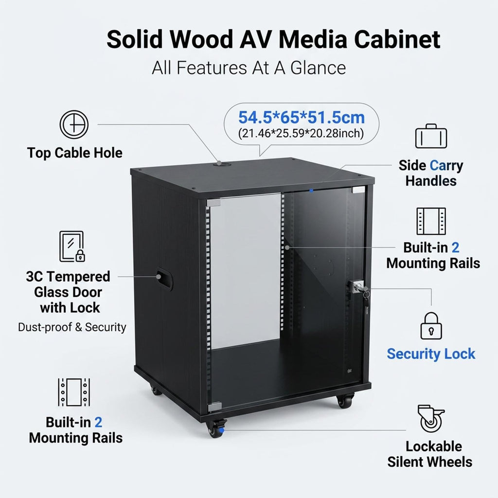 Eco Wood Audio Rack with Glass Door, Cable Hole and Brake Wheels
