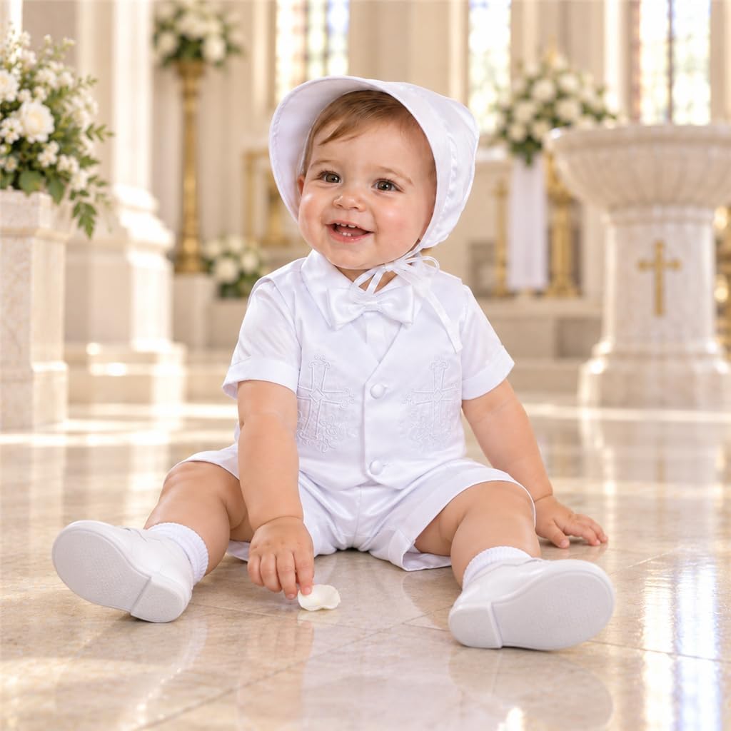 Baby Boys Christening Suit White Baptism Outfits with Bonnet