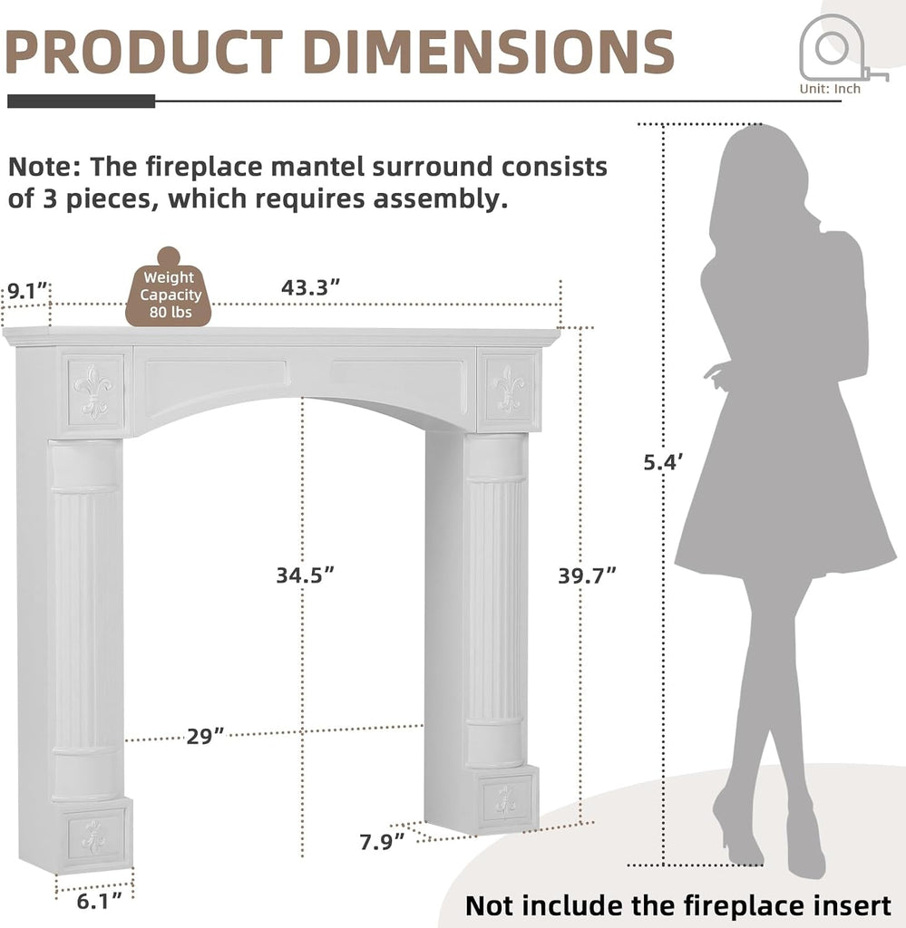 Modern White Freestanding Surround - Waterproof, Anti-Tipping Premium MDF Mantel with Leg for Electric Fireplace