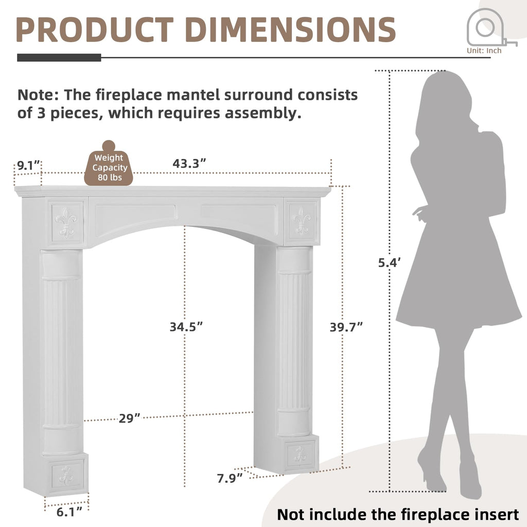 White Freestanding Fireplace Mantel Surround with Legs, Modern MDF Wooden Surround Mantel for Electric Fireplaces