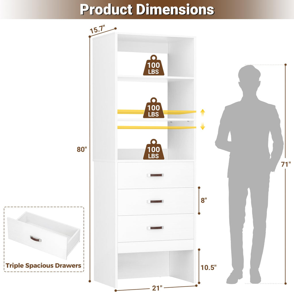 Freestanding 1.8FT Closet System with Leather Handles for Small Space White