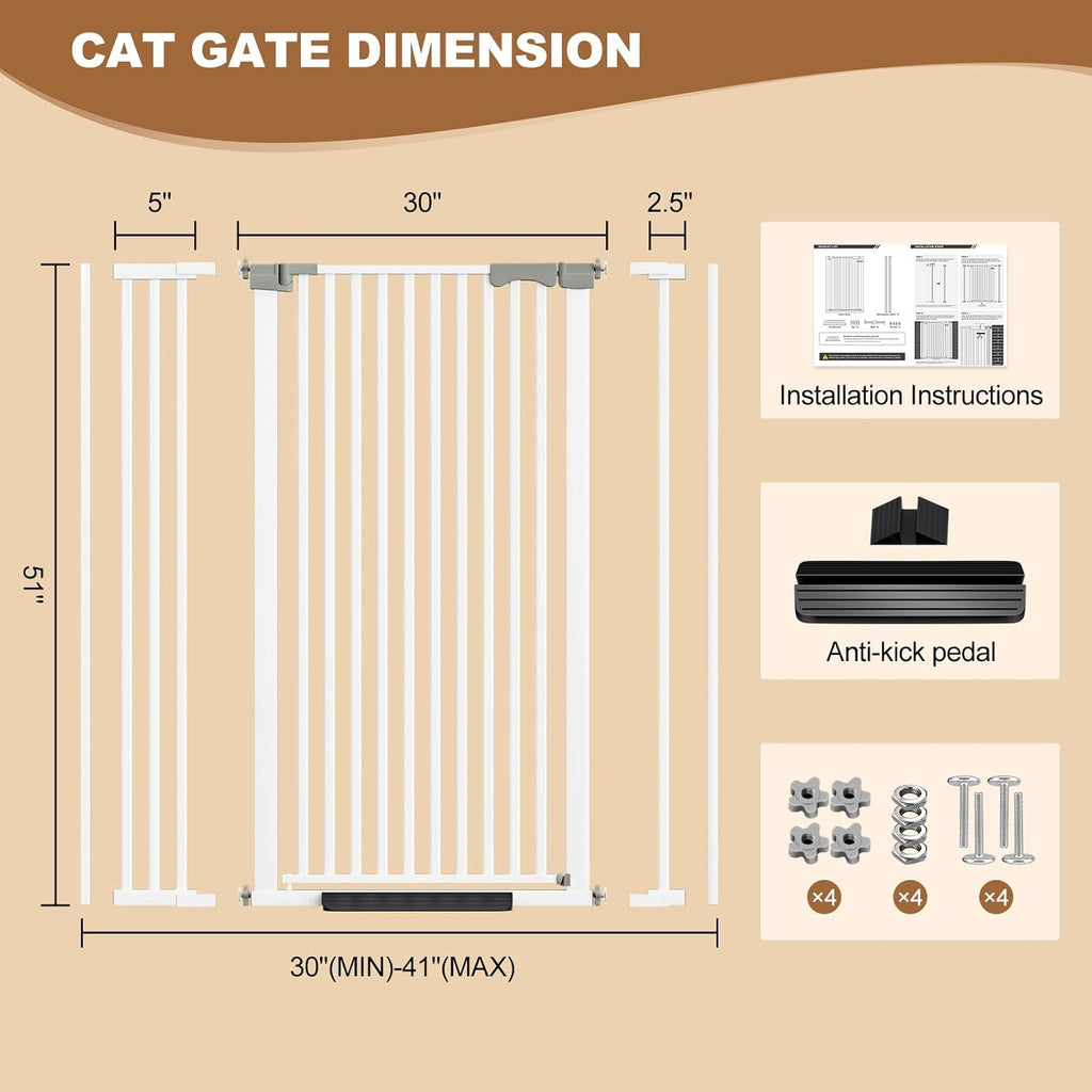 51" Extra Tall Cat Gate for Doorway, 30-41" Wide Auto Close Pet Gate