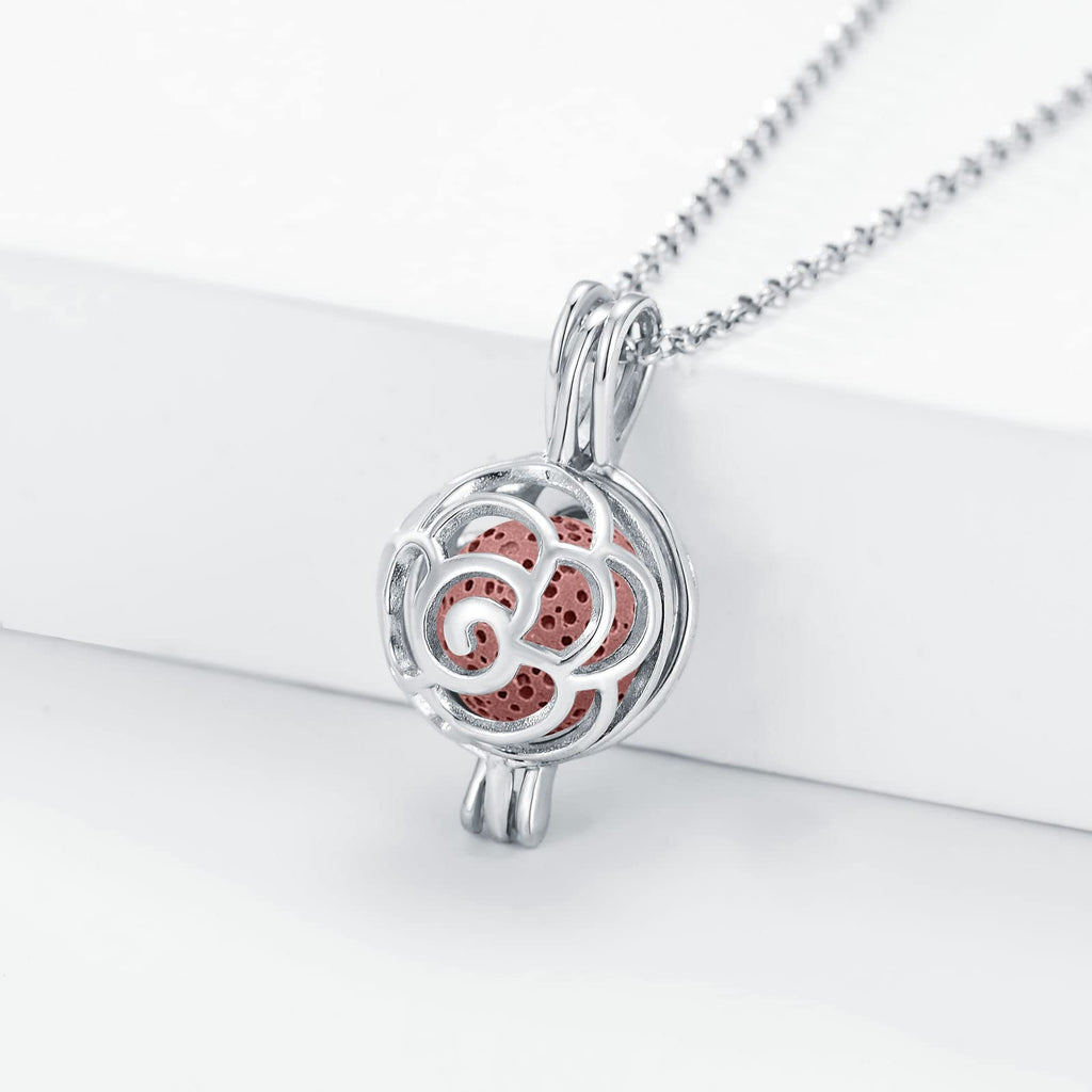 Sterling Silver Rose Aromatherapy Necklace Round Essential Oil Diffuser Locket Pendant with 10 Colors Volcanic Stone