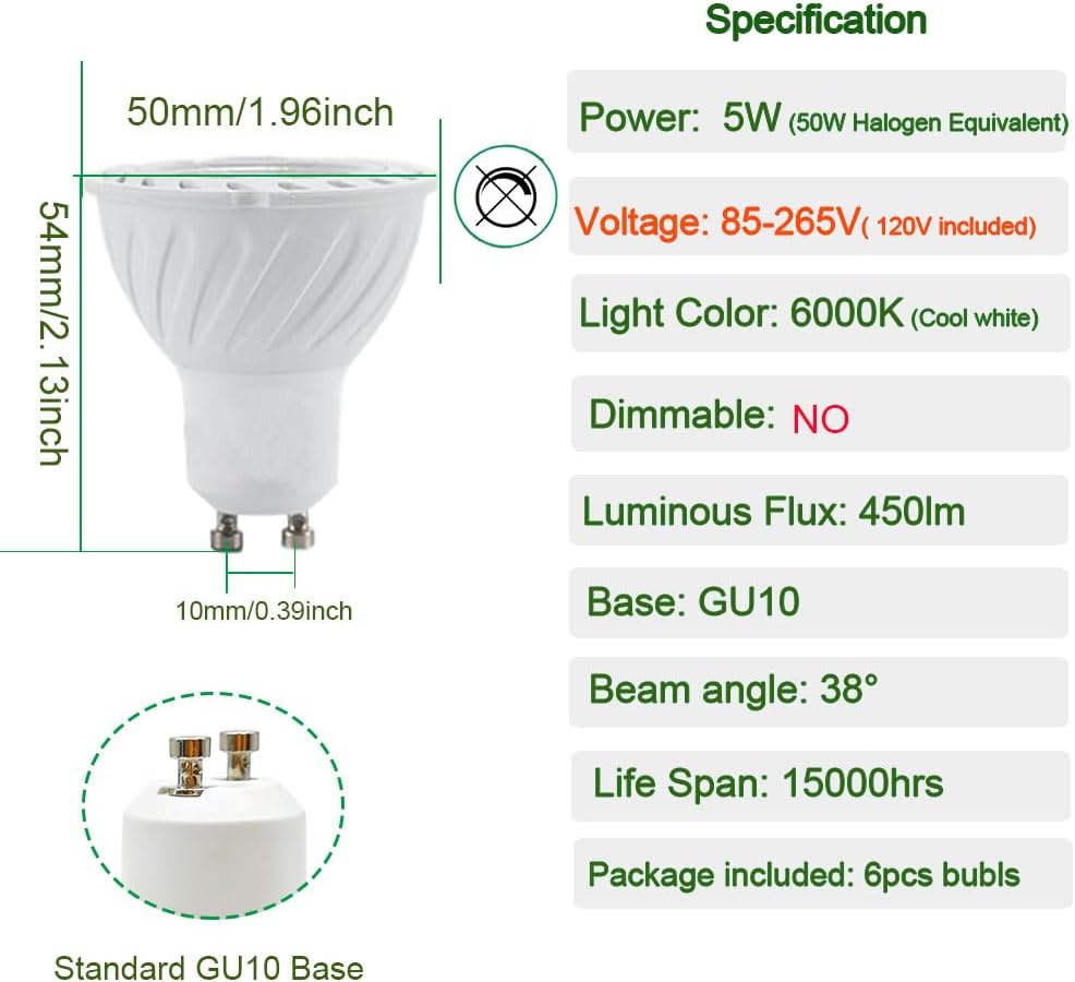 GU10 COB LED Spot Light, 5W, 5.5W 6W 120V, Non-Dimmable 6000K Cool White 450LM,38 Degree, 50W Halogen Bulb